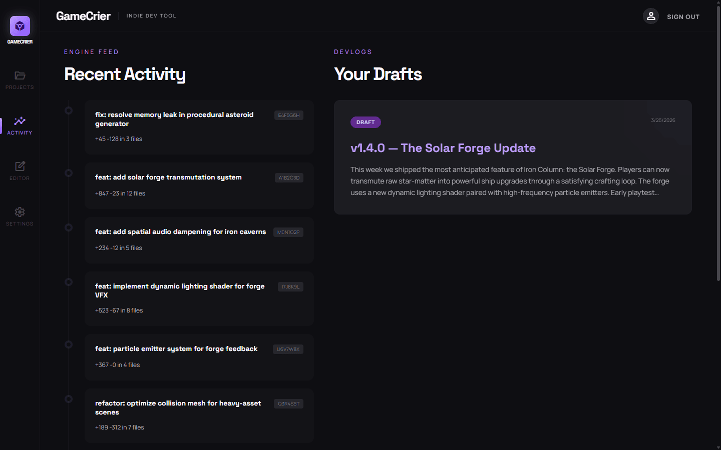 GameCrier activity feed with commit timeline and devlog drafts